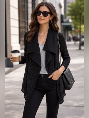 RED 23 Women's Black Marled Leather Trim Asymmetrical Drape Front Jacket M NEW